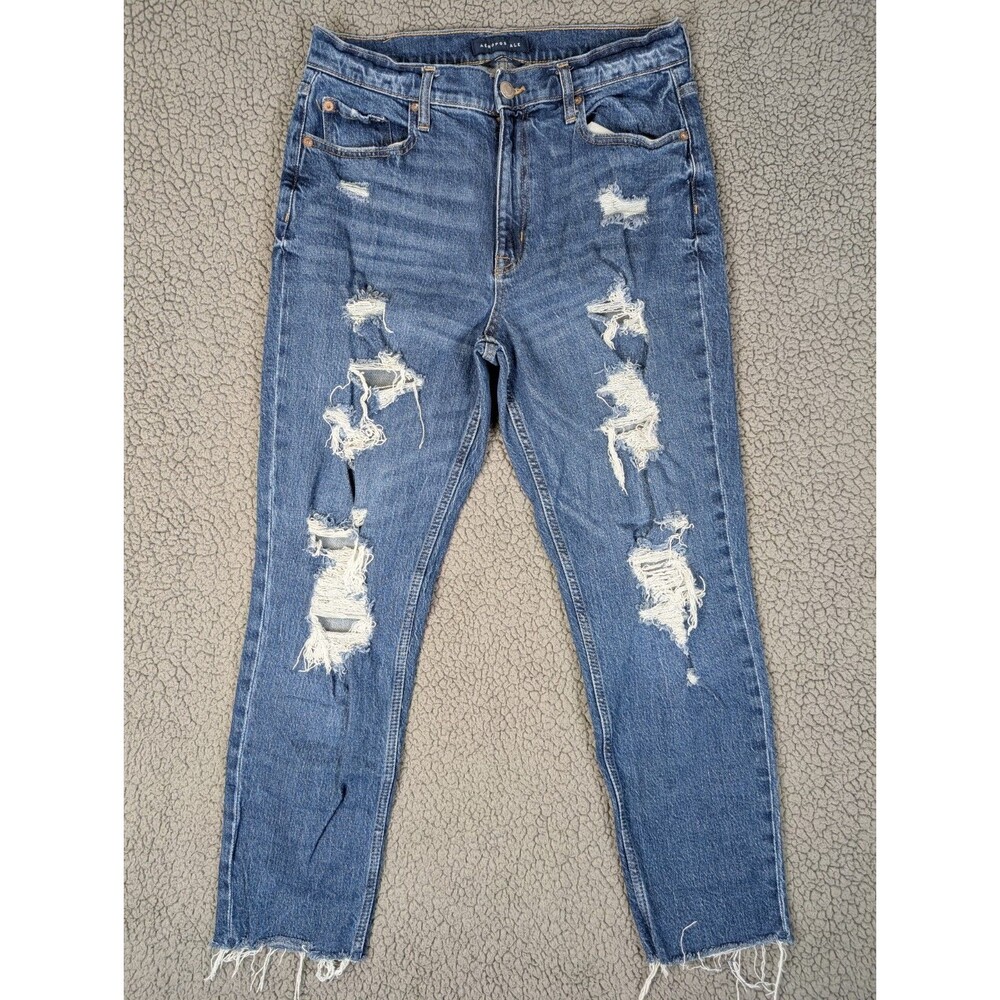 Aeropostale Womens Blue Distressed Denim Medium Wash Mom Jeans Size 10 Regular